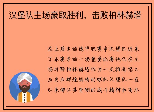 汉堡队主场豪取胜利，击败柏林赫塔